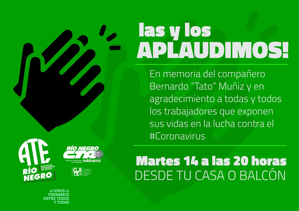 ATE convoca a aplaudir hoy a las 20 y agradecer a quienes luchan contra el COVID-19