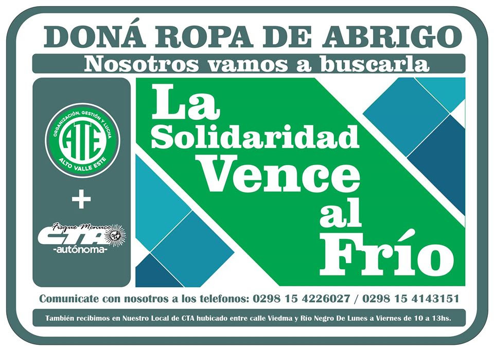 Roca | #LaSolidaridadVenceAlFrío: nueva campaña de ATE y la CTA